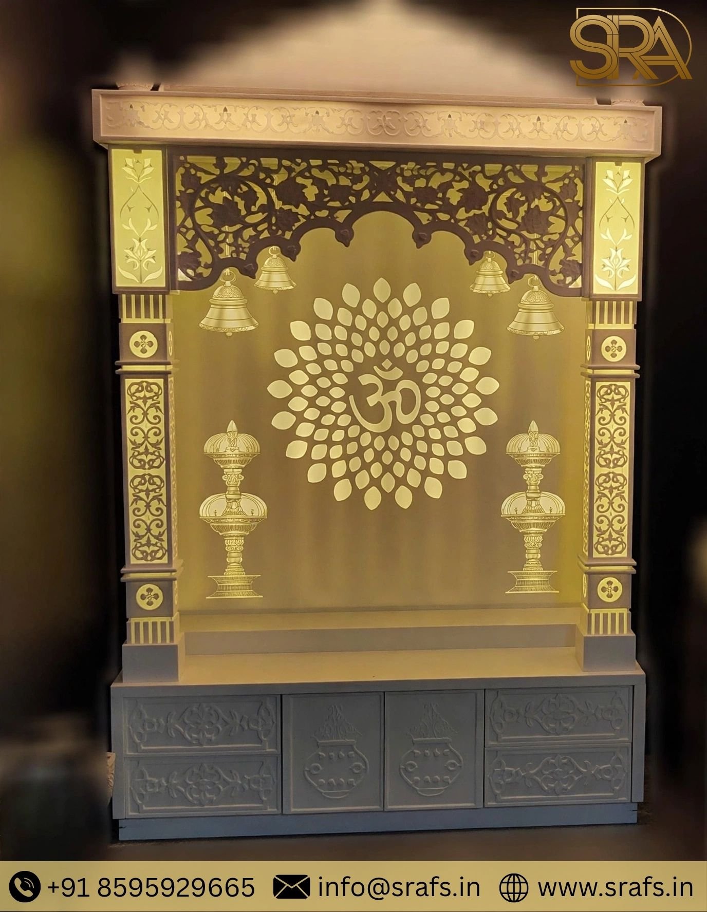 Om Design Mandir With Diya and Ghanti with Backlit Pillar Om Design Mandir With Diya and Ghanti with Backlit Pillar