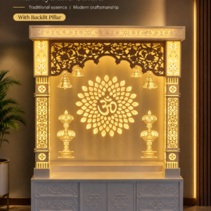 Om Design Mandir With Diya and Ghanti with Backlit Pillar