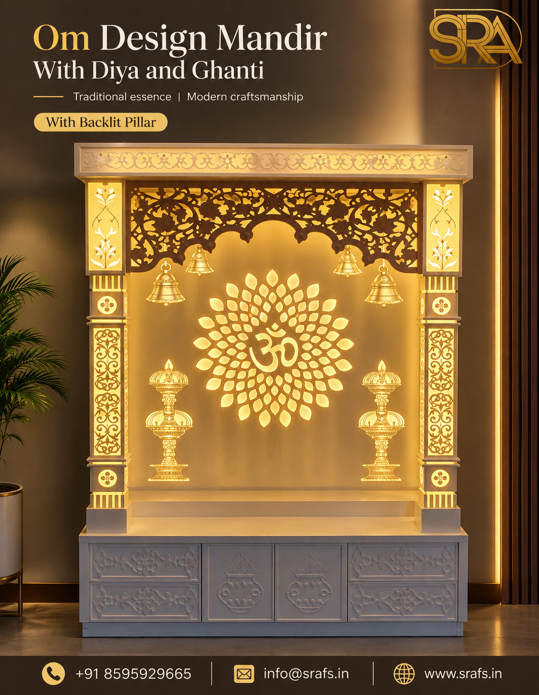 Om Design Mandir With Diya and Ghanti with Backlit Pillar Om Design Mandir With Diya and Ghanti with Backlit Pillar