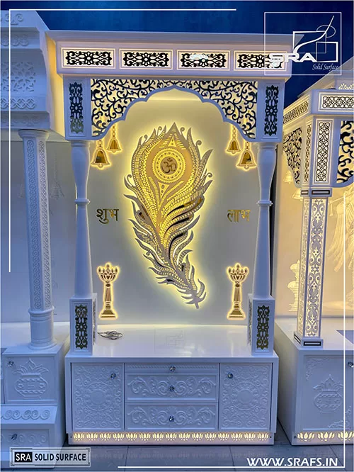 Corian Mandir with Peacock Feather Detailing Corian Mandir with Peacock Feather Detailing