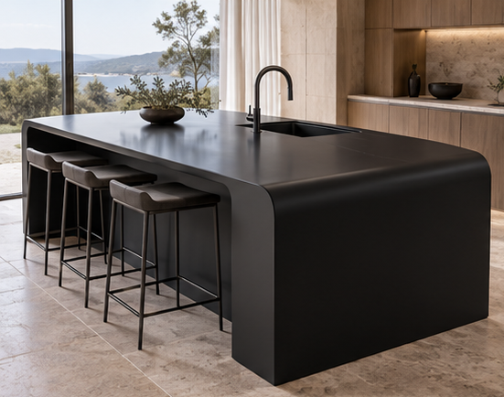 Black Corian Countertop: #1 Custom Kitchen Island & Sinks Modern black Corian kitchen countertop with seamless waterfall island design by SRA Solid Surface