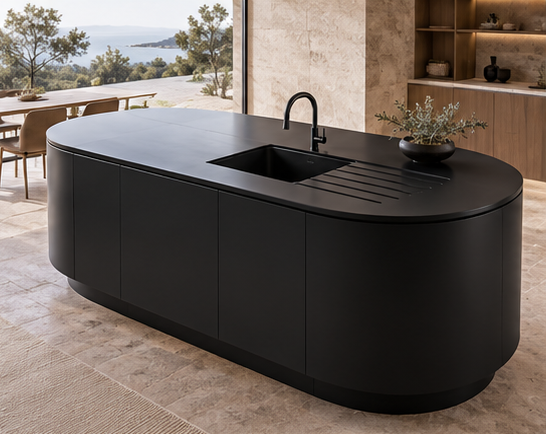 Black Corian Countertop: #1 Custom Kitchen Island & Sinks Black solid surface kitchen platform with seamlessly integrated sink
