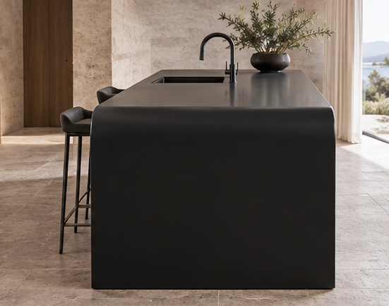 Black Corian Countertop: #1 Custom Kitchen Island & Sinks Black Corian countertop curved waterfall edge profile detail