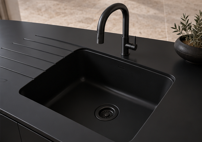 Black Corian Countertop: #1 Custom Kitchen Island & Sinks Black Corian Kitchen Breakfast IsIntegrated black Corian sink featuring sloped drainage groovesland Counter